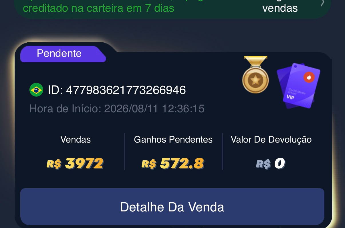 Tela do app mostrando conta ouro com ganhos pendentes de vendas